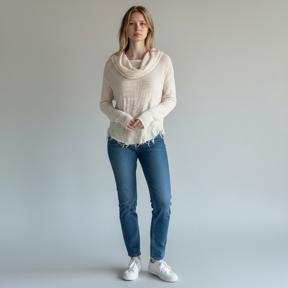 Free People Cowl Neck Distressed Fringe Hem Sweater Cream Oatmeal XS OB534937